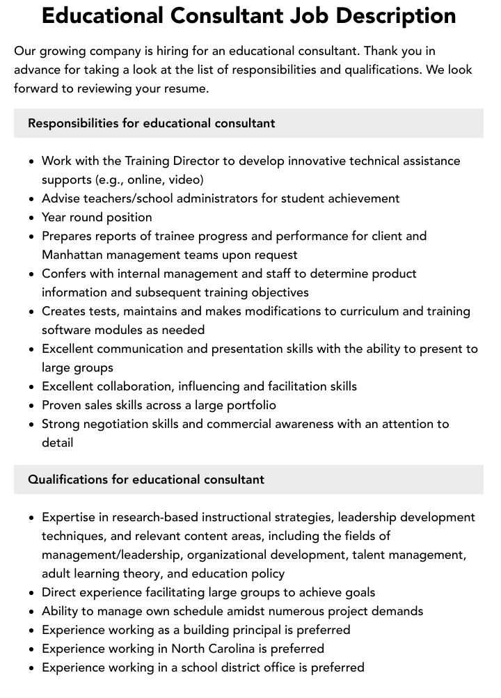 Education Consultant Job Description